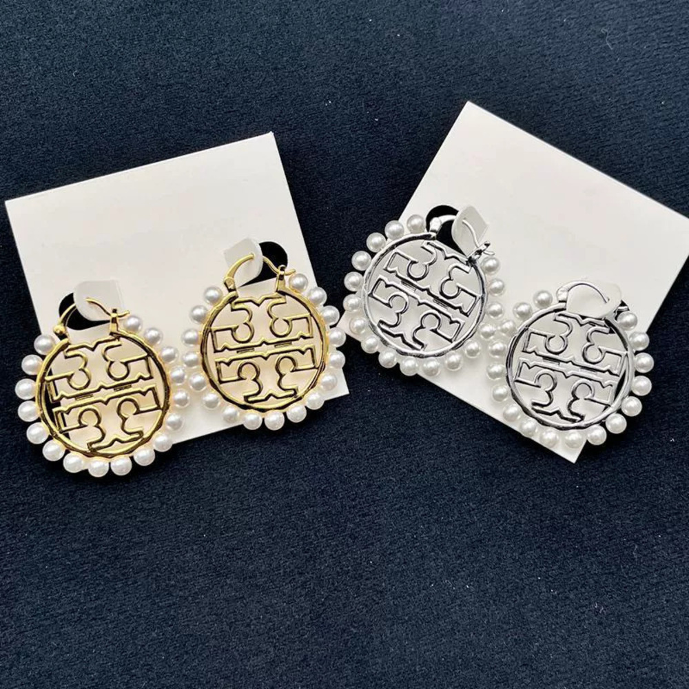 Tory Burch Gold Plated Double Circle Hollow Letter Pearl Earrings